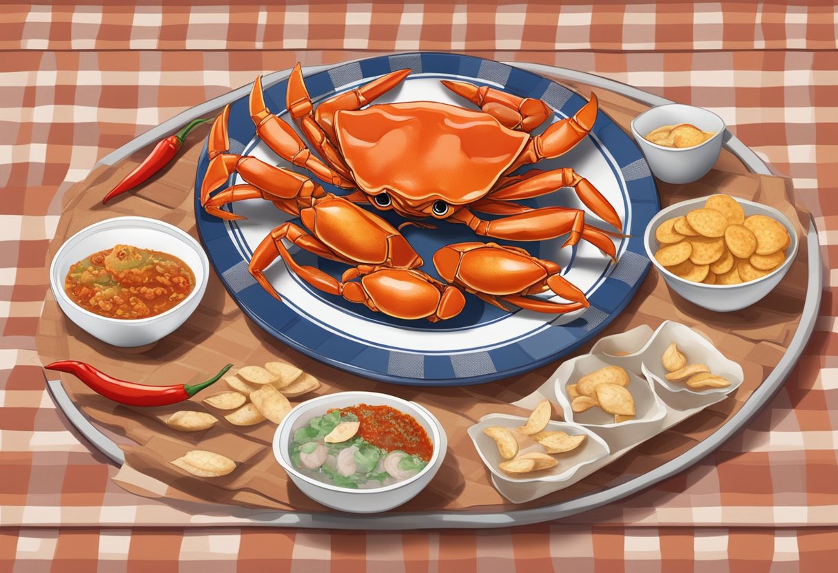 A steaming plate of chilli crab sits on a checkered tablecloth, surrounded by empty shells and a pair of wooden crab crackers
