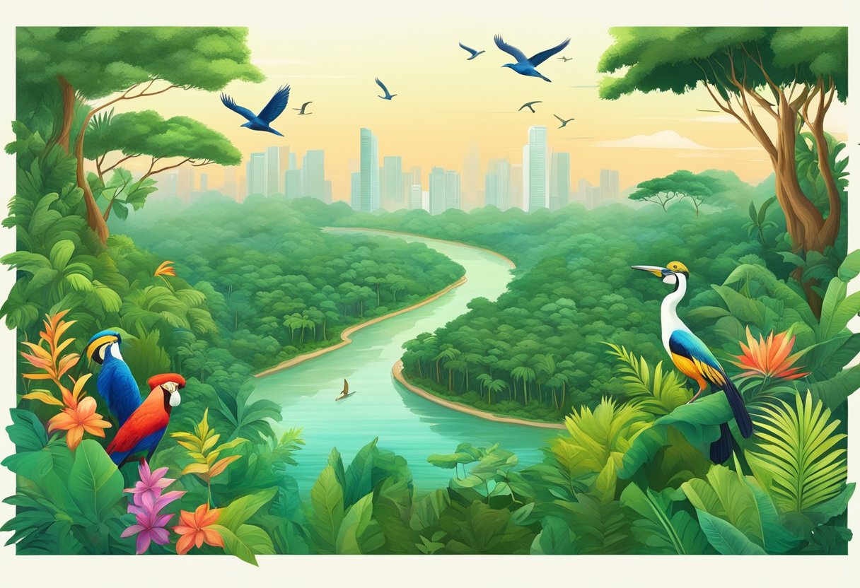 A lush green jungle with towering trees, colorful exotic birds, and a winding river, showcasing the grandeur of Giant Singapore
