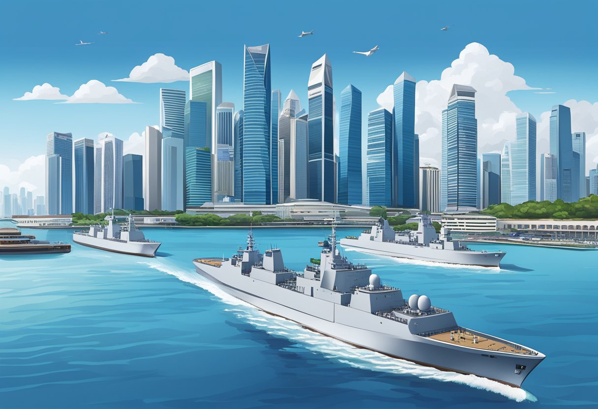 The Singapore navy ships sail gracefully through the calm blue waters, with the iconic city skyline in the background