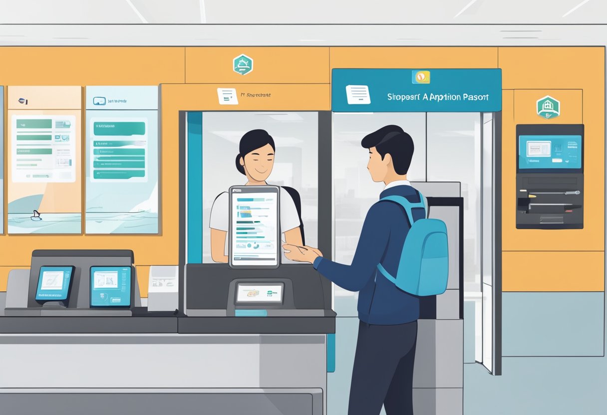 VTL application in Singapore: A traveler scanning their passport at a kiosk, with a digital screen displaying the application process