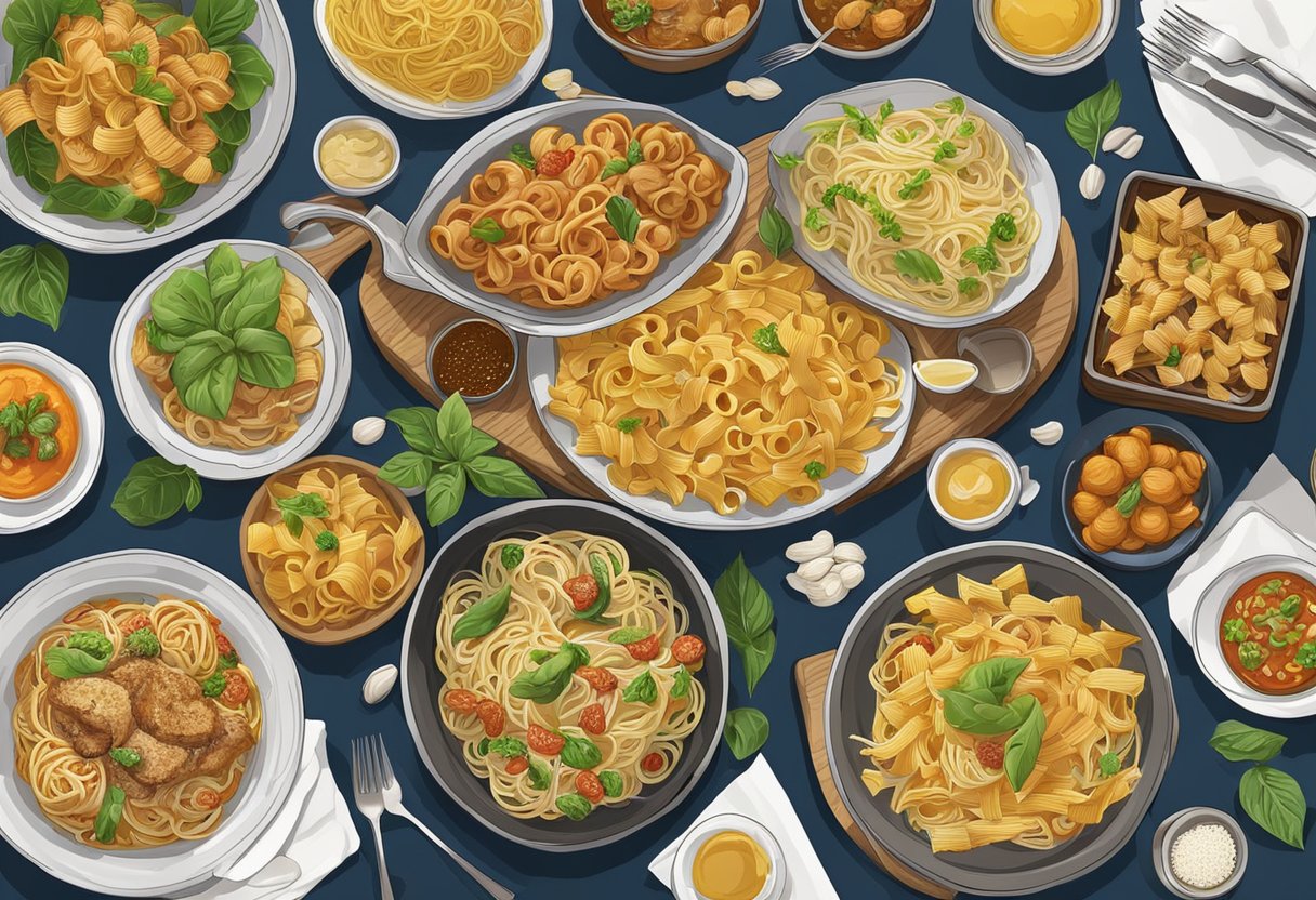 A table set with various types of pasta dishes, surrounded by vibrant and bustling street scenes of Singapore