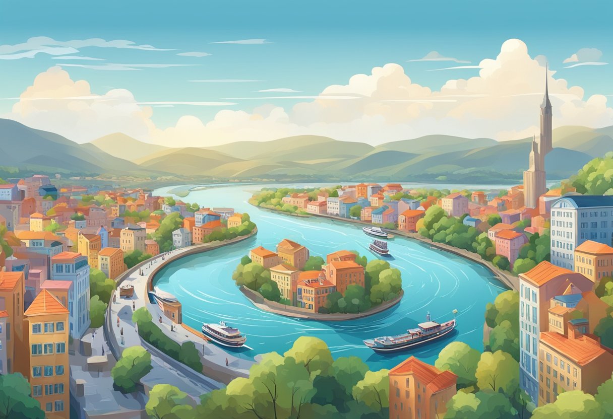 A winding river flows through a bustling cityscape, with colorful buildings lining the banks and boats cruising along the waterway