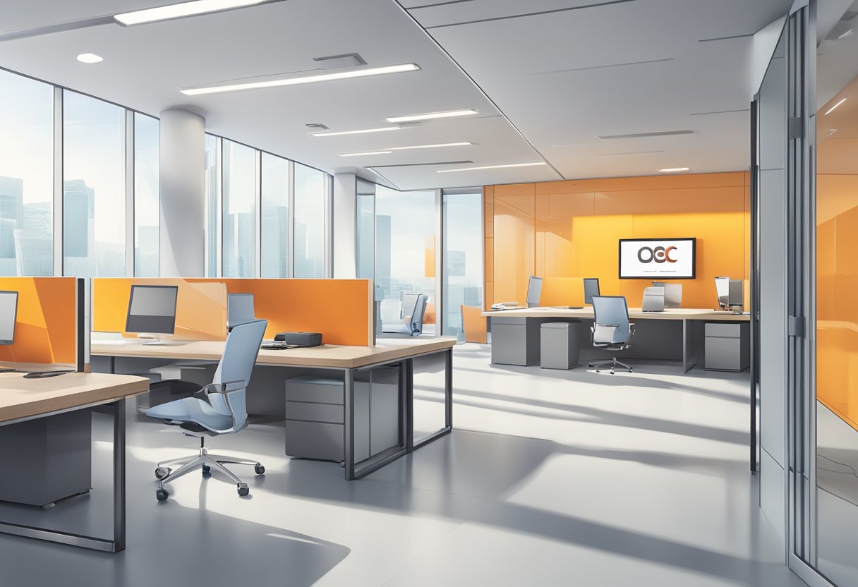 A phone with the OCBC logo on the screen, surrounded by a clean and modern office setting in Singapore