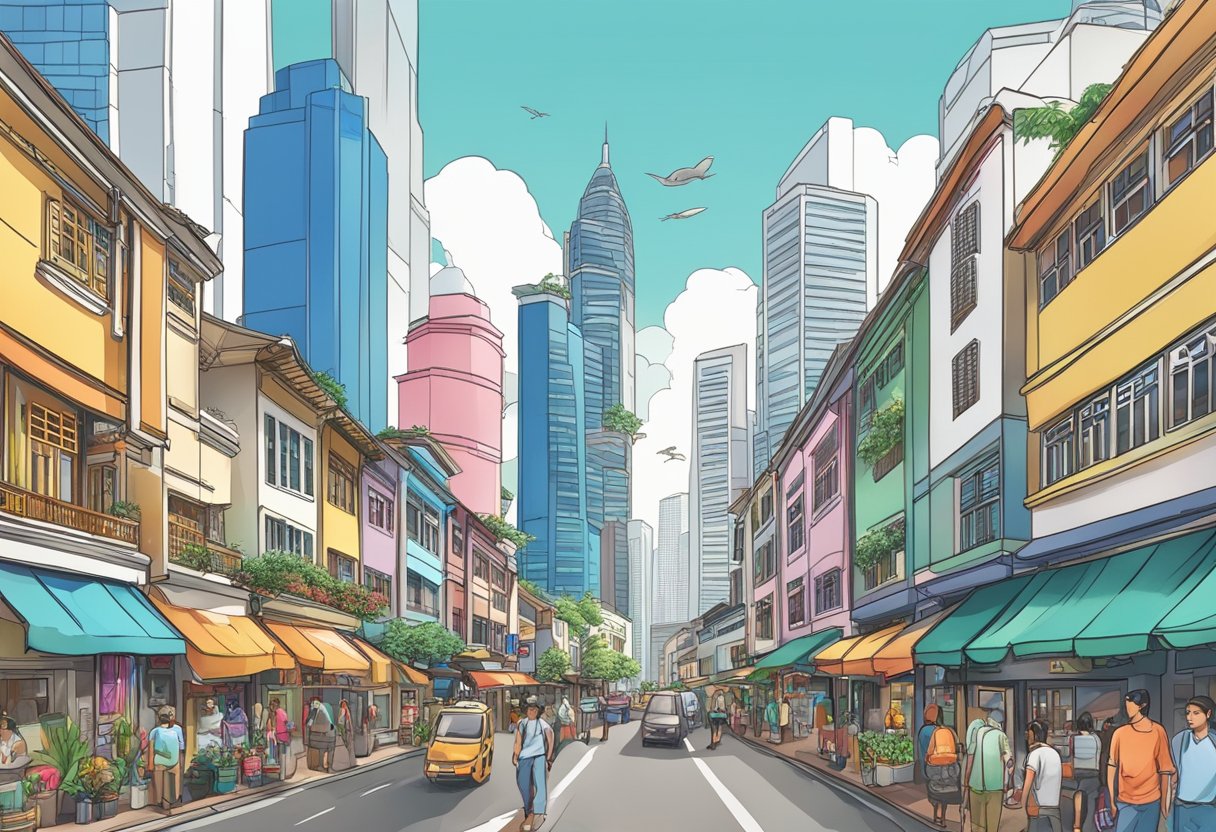 A bustling street in Singapore with colorful shops, towering skyscrapers, and a mix of modern and traditional architecture