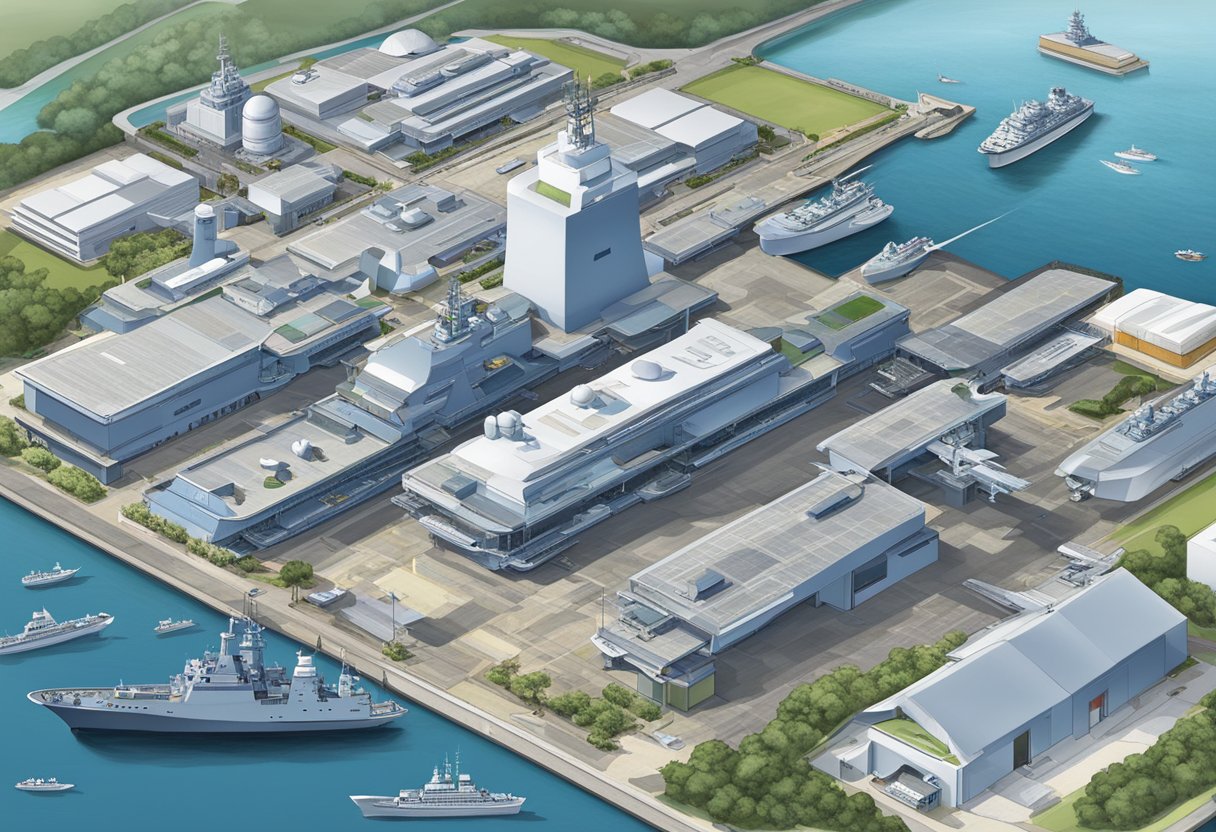 Aerial view of Singapore navy ships and facilities showcasing their organizational structure and capabilities