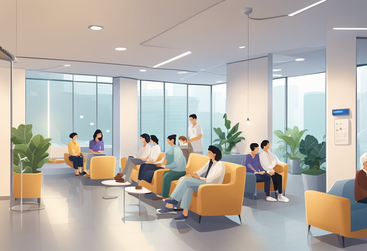 A bustling Singapore clinic, with patients waiting in a modern, clean waiting area. Bright lighting and a professional, welcoming atmosphere