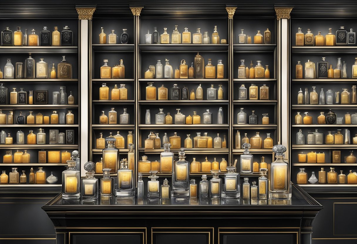 A dimly lit room with flickering candles, filled with the rich scents of Diptyque fragrances. Elegant glass bottles and luxurious packaging adorn the shelves, creating an atmosphere of sophistication and indulgence