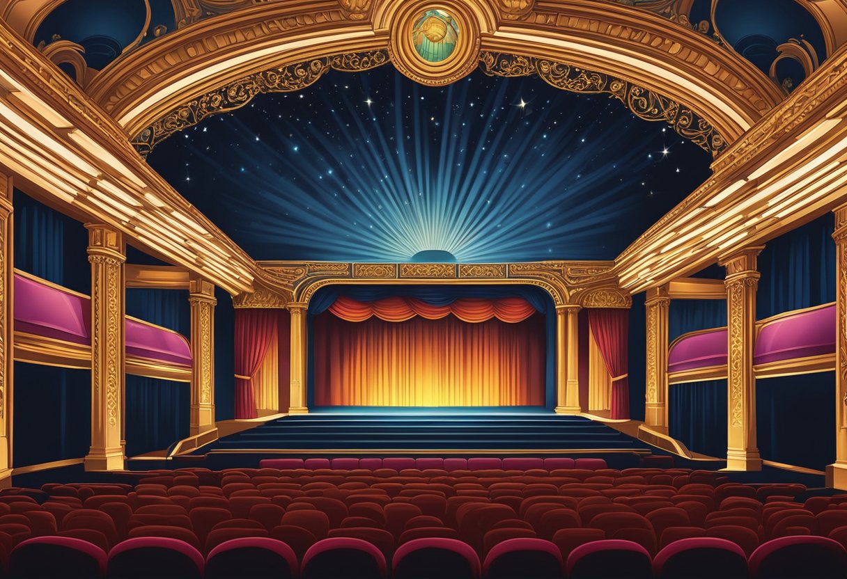 Vibrant stage lights illuminate a grand theatre in Singapore, casting a warm glow on the ornate architecture and velvet curtains