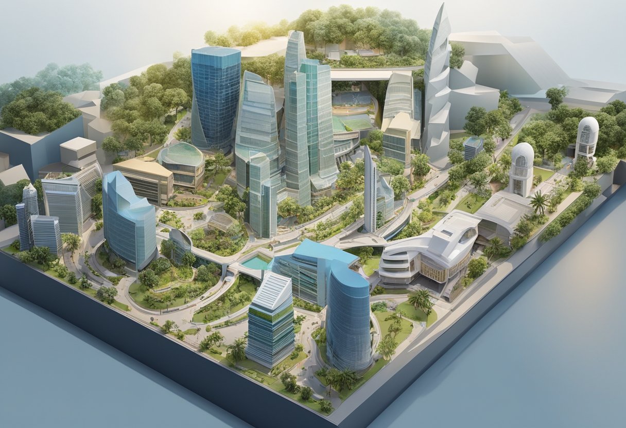 The Singapore City Gallery showcases the city's urban development through interactive exhibits and models. The space is filled with architectural displays and detailed cityscapes