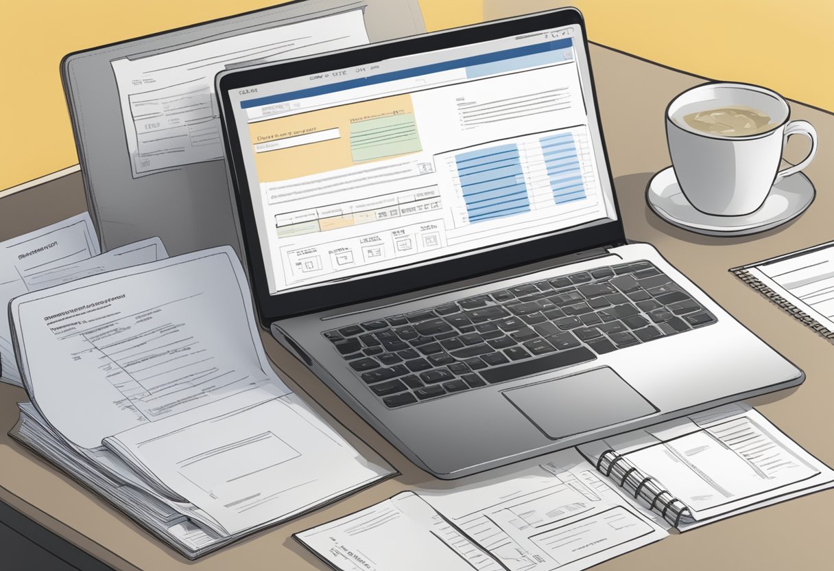 A table with a laptop, passport, and documents. A sign displaying "VTL Application Singapore" with eligibility and requirements listed
