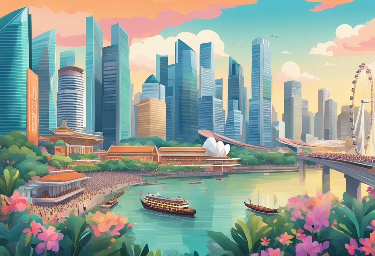 A bustling cityscape with iconic landmarks, a vibrant skyline, and a bustling crowd representing the loyalty and rewards giant in Singapore