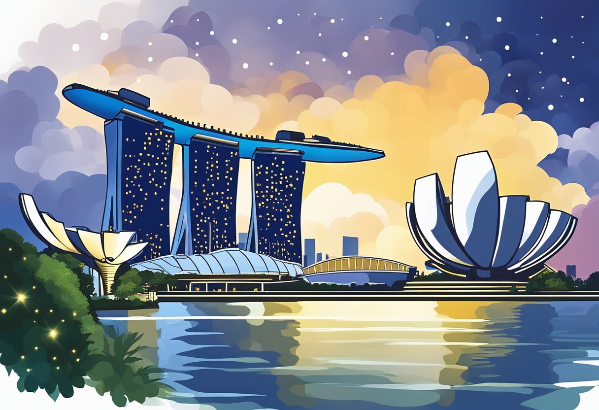 The skyline of Singapore, with the Marina Bay Sands, Merlion statue, and Gardens by the Bay, all illuminated against the night sky