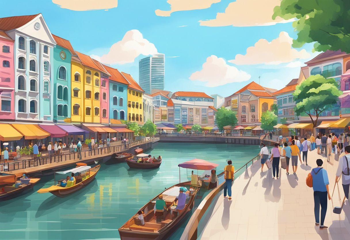 Colorful buildings line the river at Clarke Quay, with boats floating on the water and people strolling along the promenade