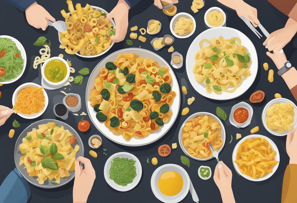 A table filled with various pasta shapes, colors, and toppings, with customers customizing their own pasta dishes at a trendy restaurant in Singapore