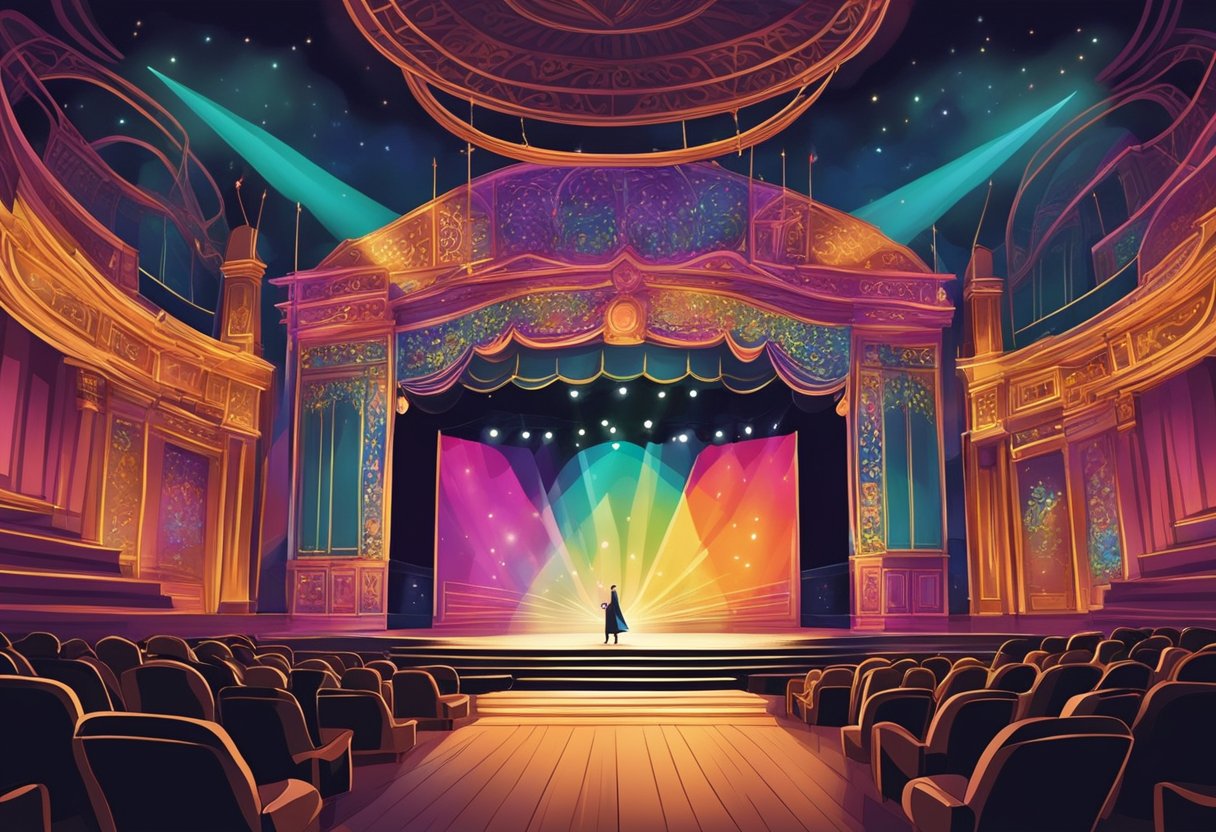 A vibrant stage with colorful set design and dramatic lighting, showcasing a performance at a Singapore theatre