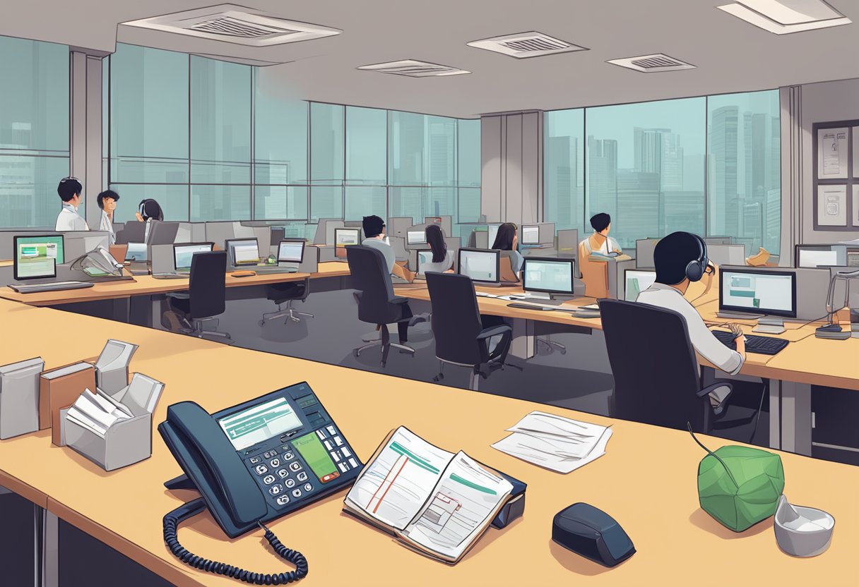 Customers calling ocbc hotline in Singapore, with FAQ signs and phone on desk