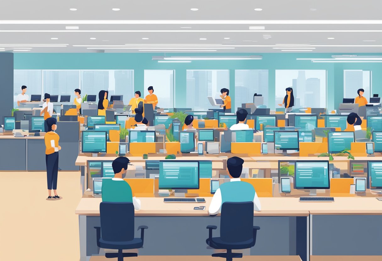 A bustling customer support and services center in Shoppee Singapore. Rows of desks with employees assisting customers. Brightly lit and organized
