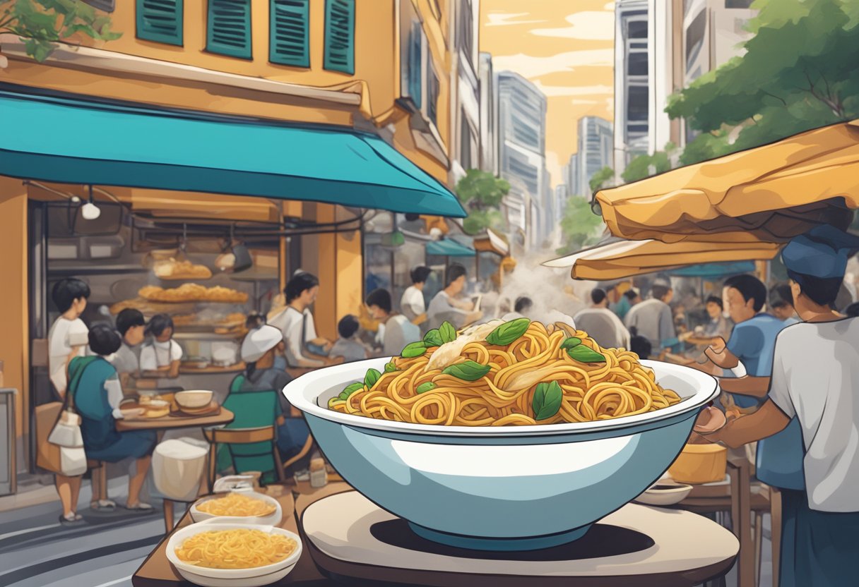 A steaming bowl of pasta with a variety of toppings, surrounded by a bustling Singaporean street scene