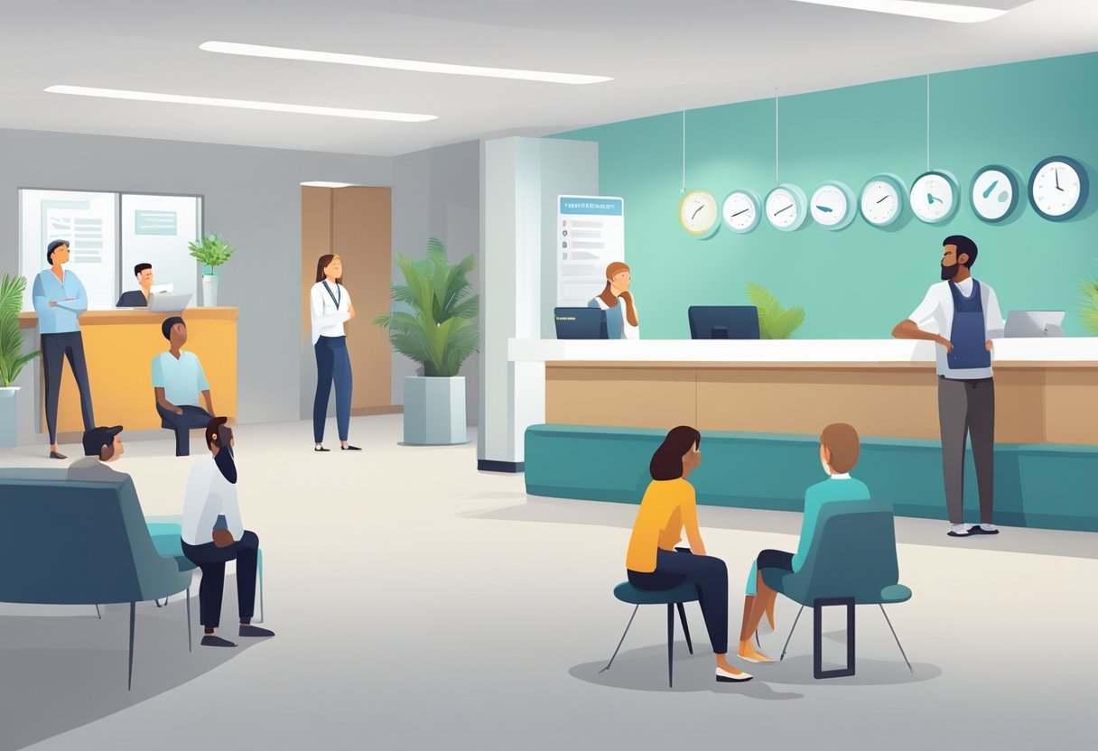 Patients waiting in a modern clinic reception area, with a prominent "Frequently Asked Questions" sign displayed. Comfortable seating, clean surroundings, and a friendly receptionist