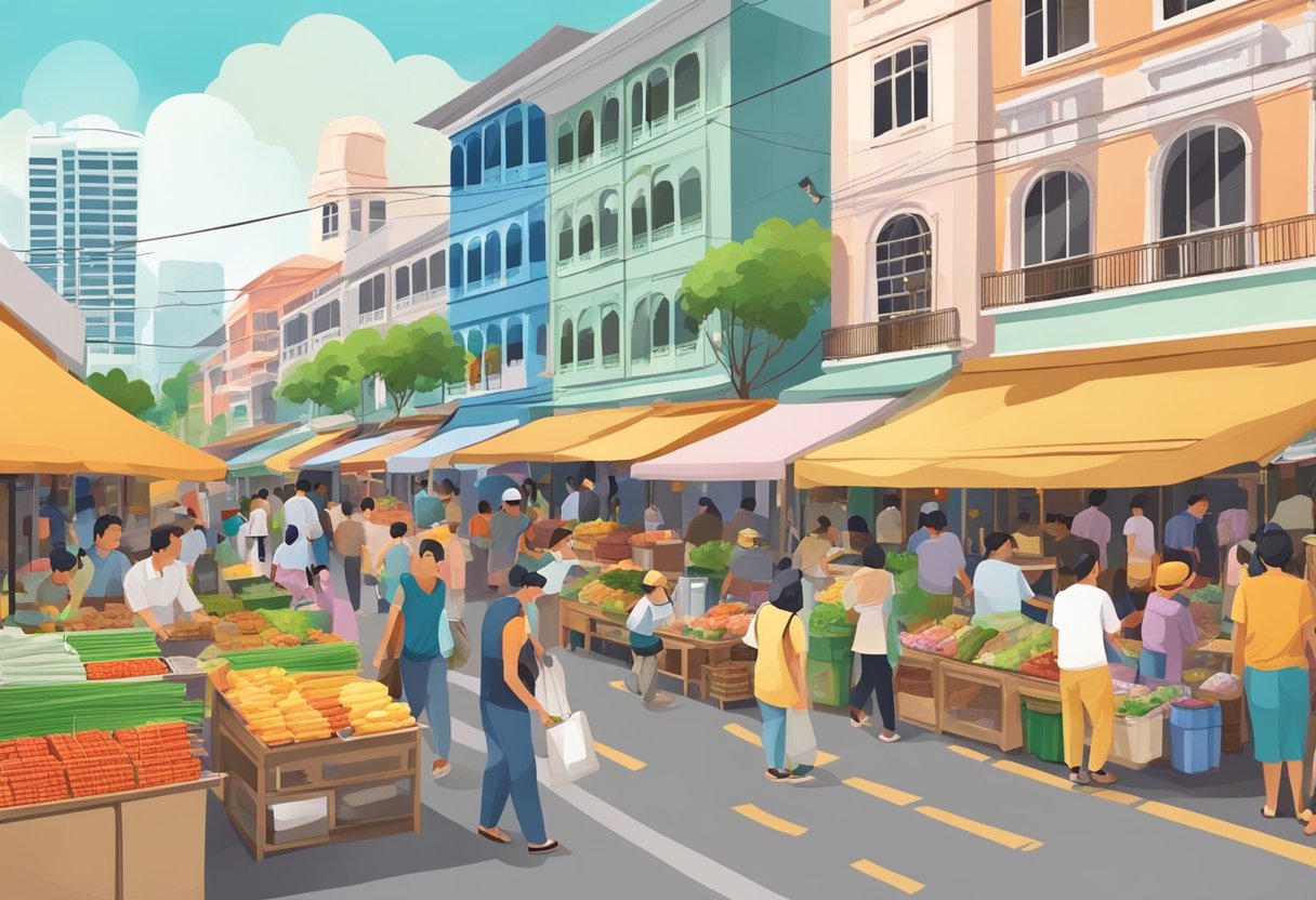 A bustling street market in Singapore, with colorful buildings, traditional architecture, and locals selling handicrafts and street food