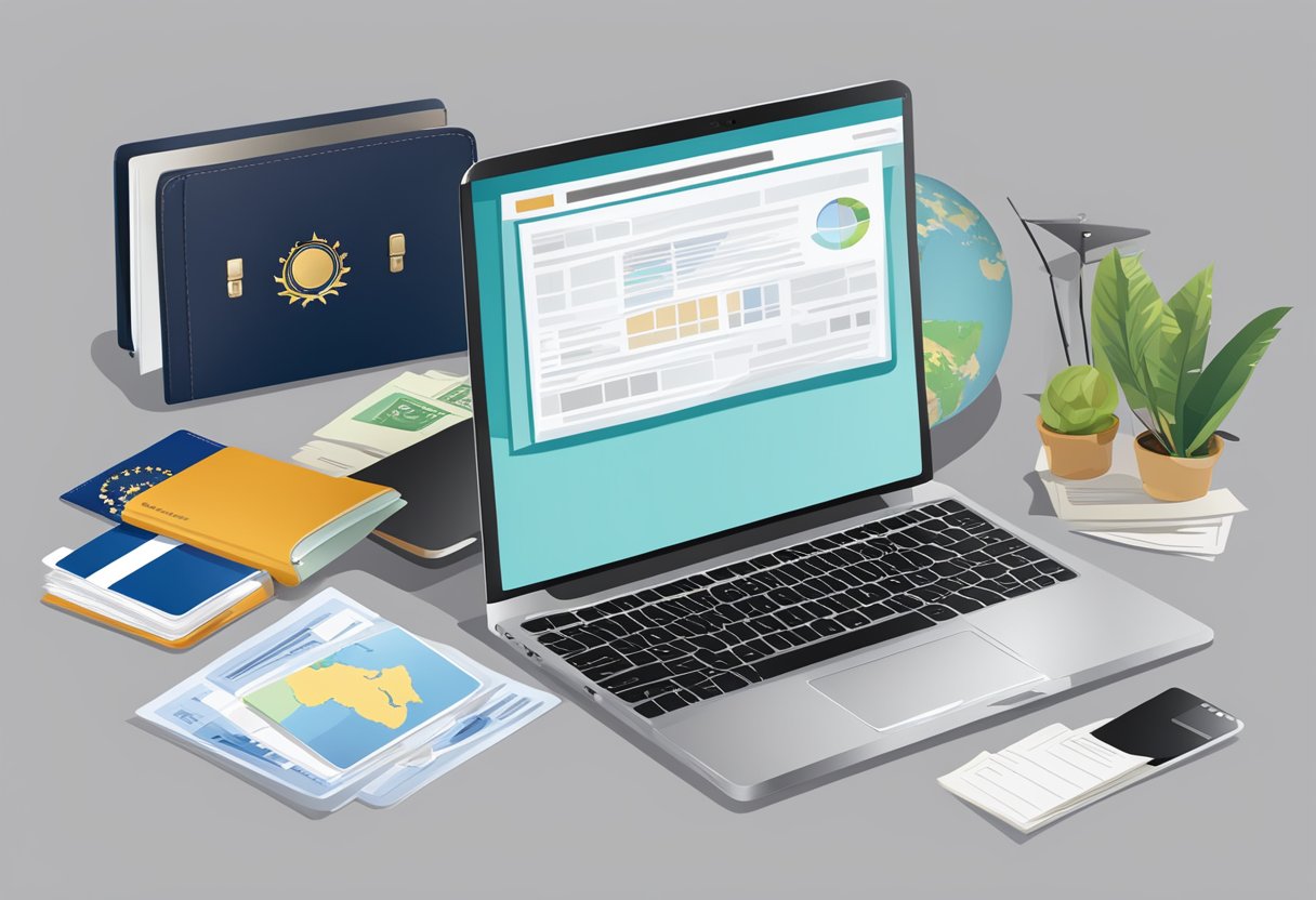 A laptop with the VTL application open on the screen, surrounded by travel documents and a Singaporean passport