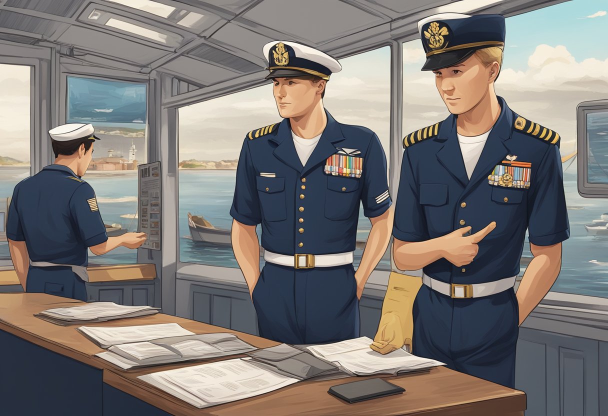 A group of sailors in uniform answering questions at a navy information booth