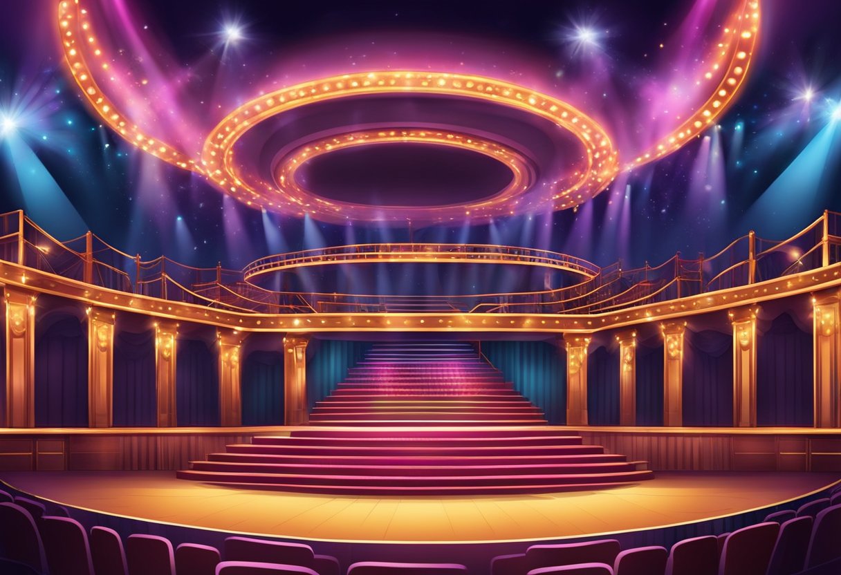 Colorful stage with vibrant lights, set props, and a grand backdrop. Audience seating and a bustling theater atmosphere