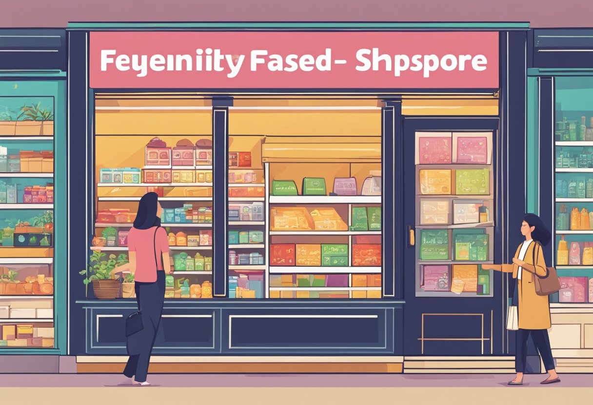 A colorful storefront with a sign reading "Frequently Asked Questions shoppee singapore." Customers browsing products and staff assisting