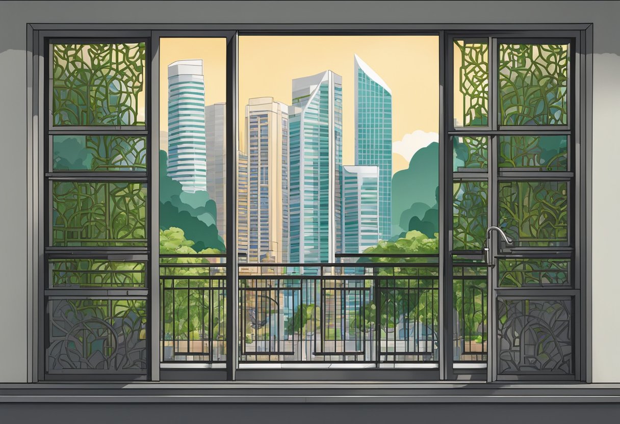 A window grill in Singapore, with intricate metal patterns and a backdrop of urban buildings and greenery