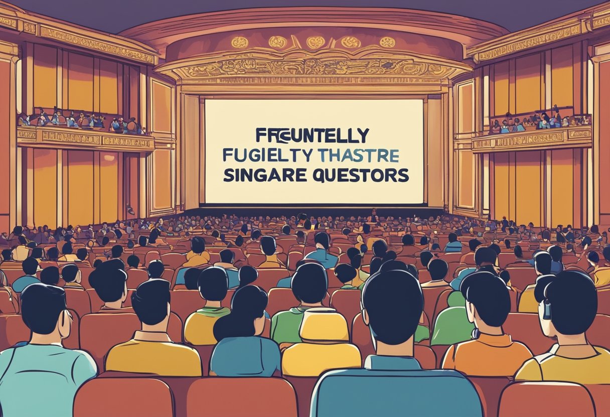 A group of people gathered in a theater, with a sign reading "Frequently Asked Questions Singapore Theatre" displayed prominently