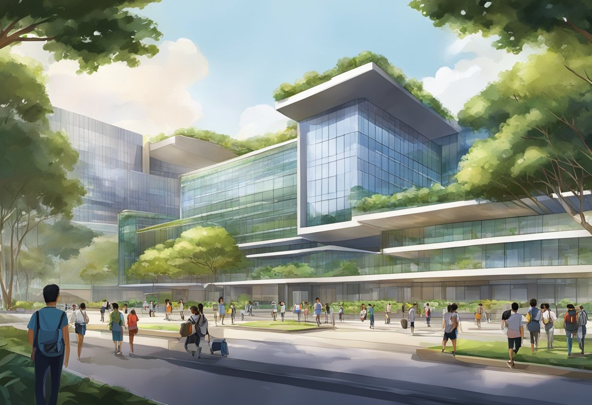 The bustling Singapore Institute of Technology campus showcases modern architecture, green spaces, and vibrant student life at the heart of the city