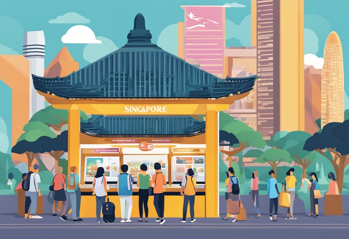 Visitors seeking info at a kiosk, surrounded by iconic Singapore landmarks