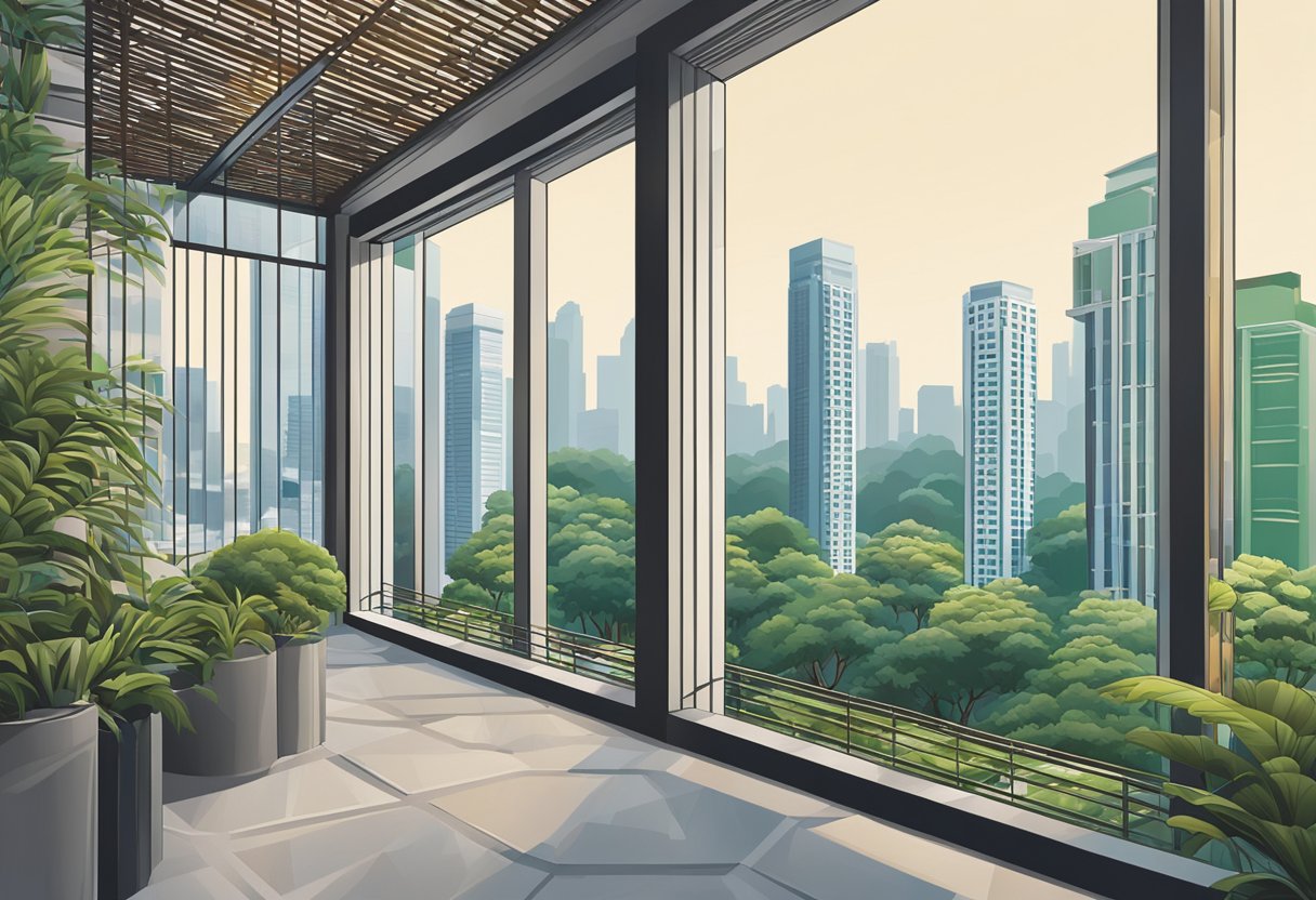 A window grill in Singapore, featuring intricate geometric patterns, is set against a backdrop of modern high-rise buildings and lush greenery