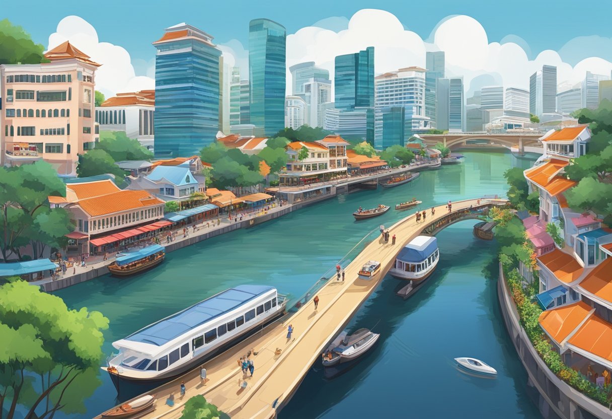 A bustling river valley road winds through Clarke Quay, with boats and bridges connecting the vibrant waterfront of Singapore