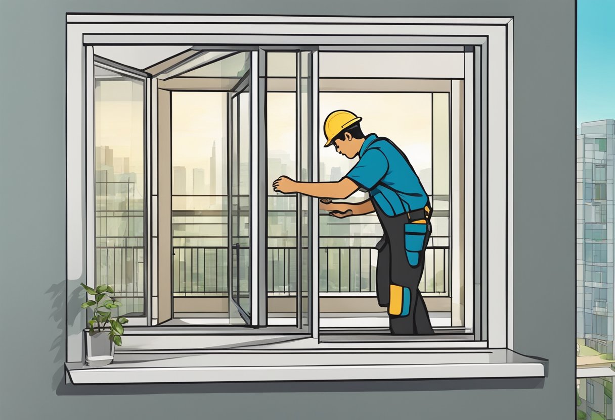 A worker selects and installs a window grill in Singapore