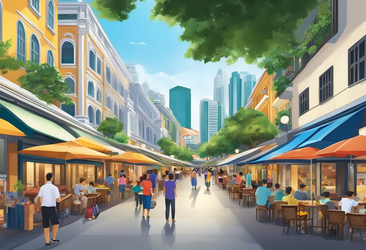 The bustling river valley road leads to Clarke Quay, Singapore. The vibrant street is lined with shops and restaurants, with a view of the serene river