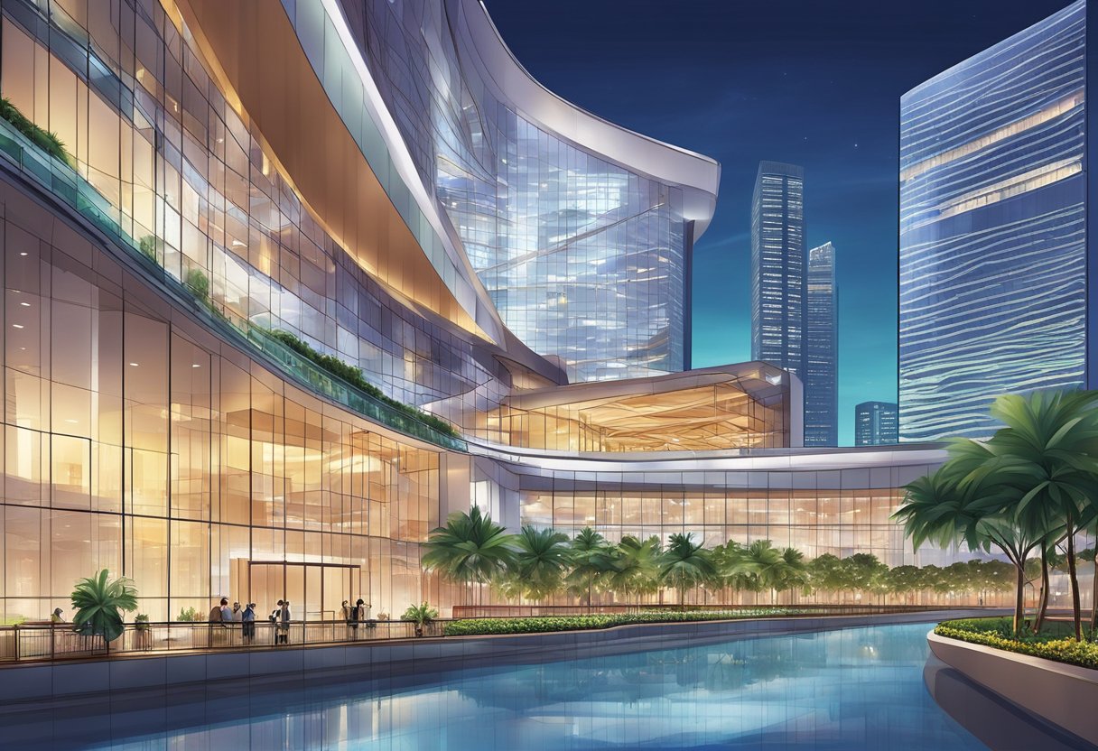 The grand Resorts World Convention Centre in Singapore gleams under the bright lights, with its modern architecture and expansive glass windows reflecting the surrounding cityscape