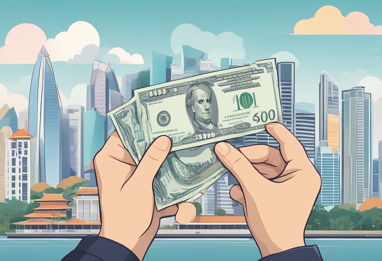A hand holding a $100 voucher with the Singapore skyline in the background