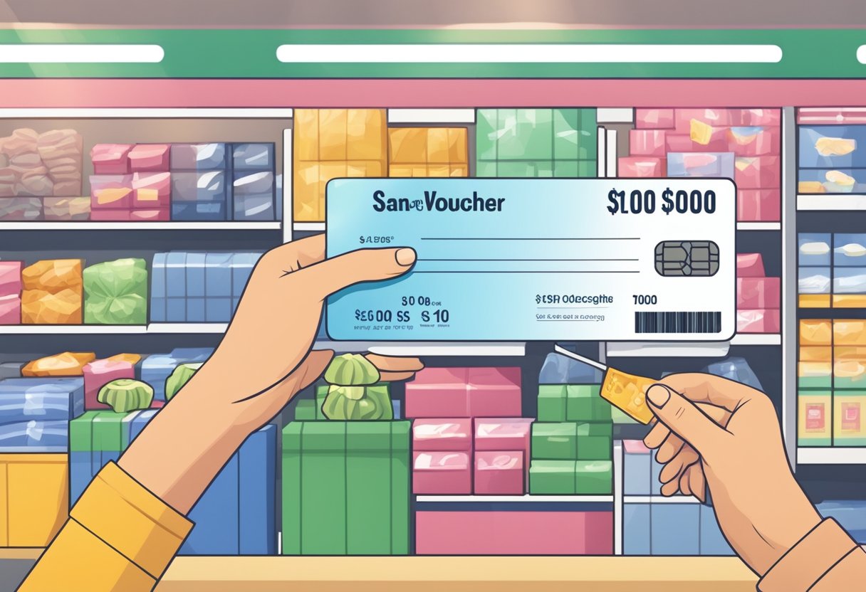 A colorful $100 voucher being exchanged for goods at a Singaporean shop