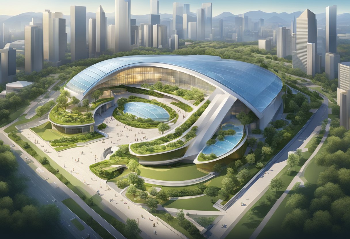 The grand convention centre features modern architecture and lush landscaping, with a stunning view of the city skyline