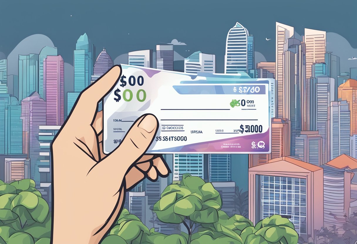 A hand holding a $100 voucher with a Singapore city skyline in the background