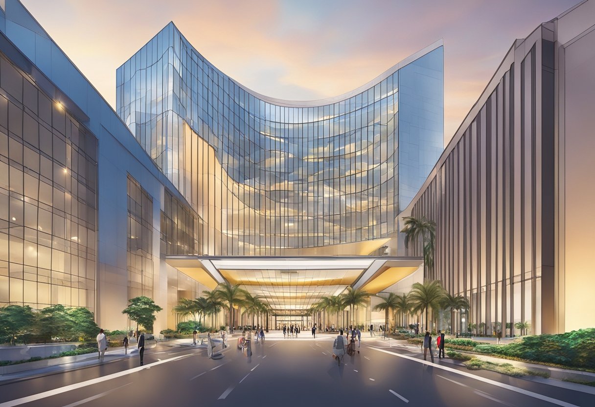 The grand entrance of the Events and Experiences Resorts World Convention Centre in Singapore, with its modern architecture and vibrant signage, welcomes guests with a sense of sophistication and excitement