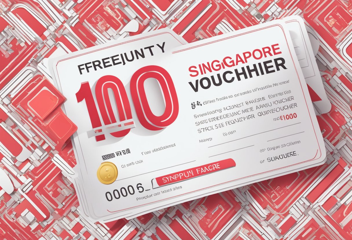 A red and white $100 voucher for Singapore, with "Frequently Asked Questions" text, against a vibrant background