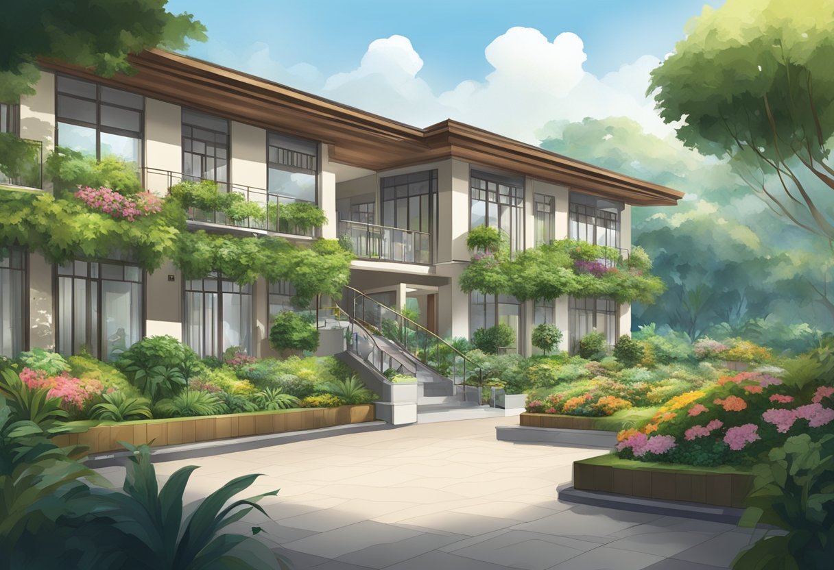 A serene nursing home in Singapore, with lush gardens and modern architecture, surrounded by a peaceful and welcoming atmosphere