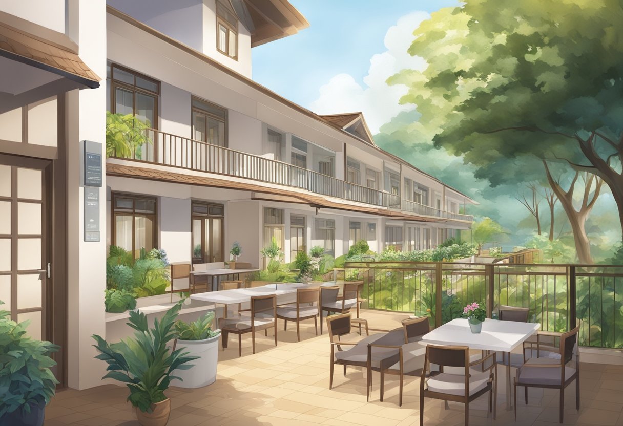 A cozy nursing home in Singapore with bright, spacious rooms, a serene garden, and caring staff attending to residents' needs