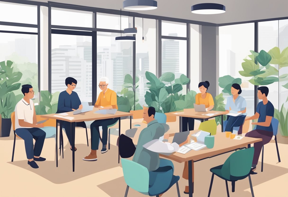 A group of people discussing financial options and support for a nursing home in Singapore. Tables with documents and charts, with individuals engaged in conversation