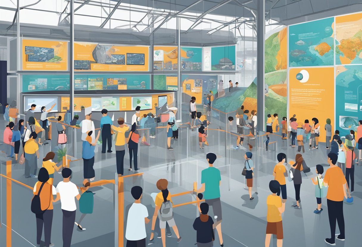 Crowds explore interactive exhibits in the bustling Science Museum Singapore. Displays showcase cutting-edge technology and scientific discoveries