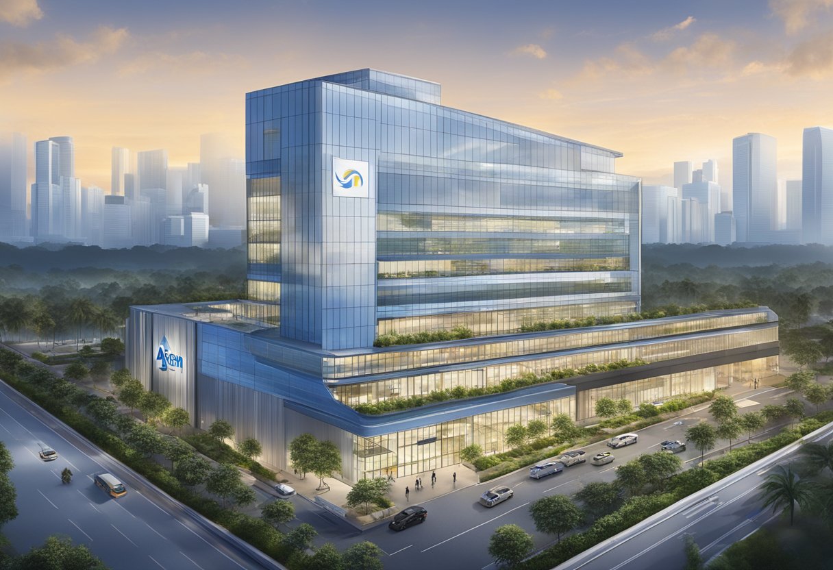 The Amgen Singapore Operations building stands tall amidst a bustling industrial park, with sleek modern architecture and a prominent company logo displayed on the facade