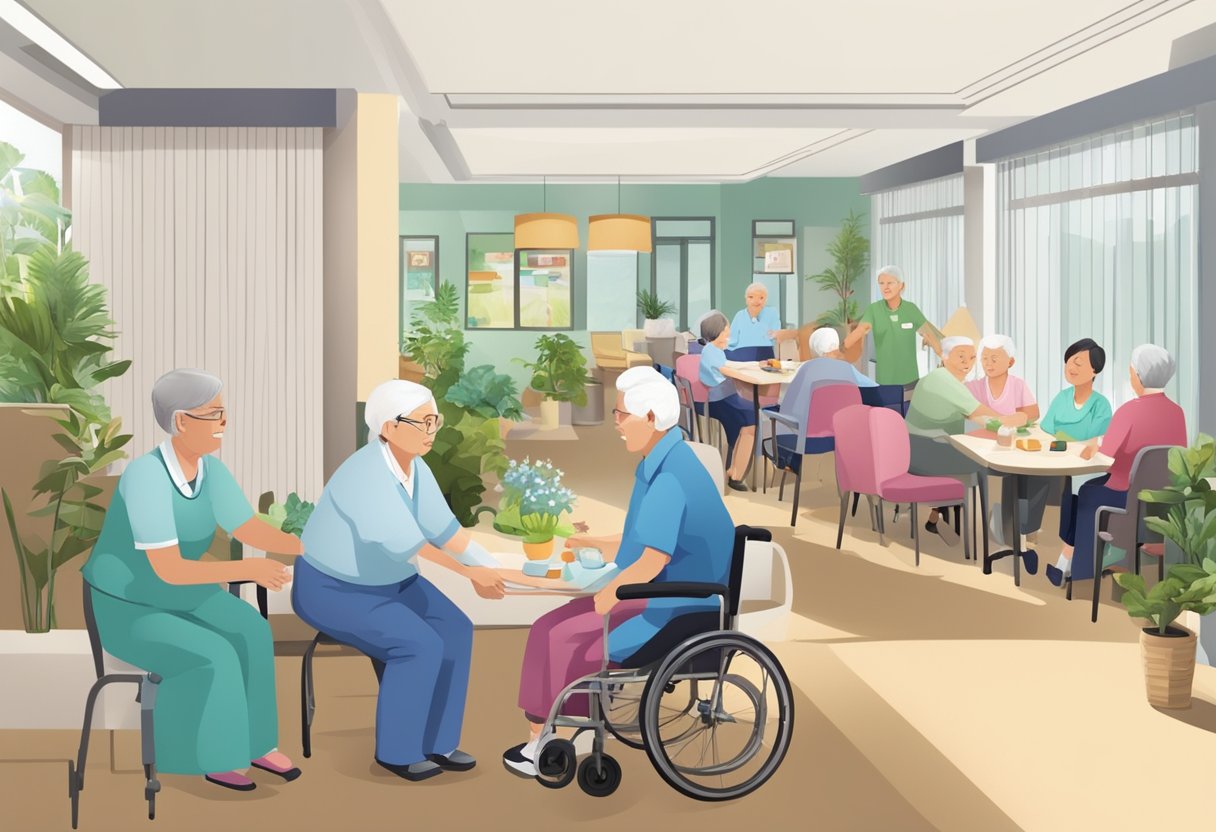 A bustling nursing home in Singapore, with residents and staff interacting in common areas and caregivers providing assistance