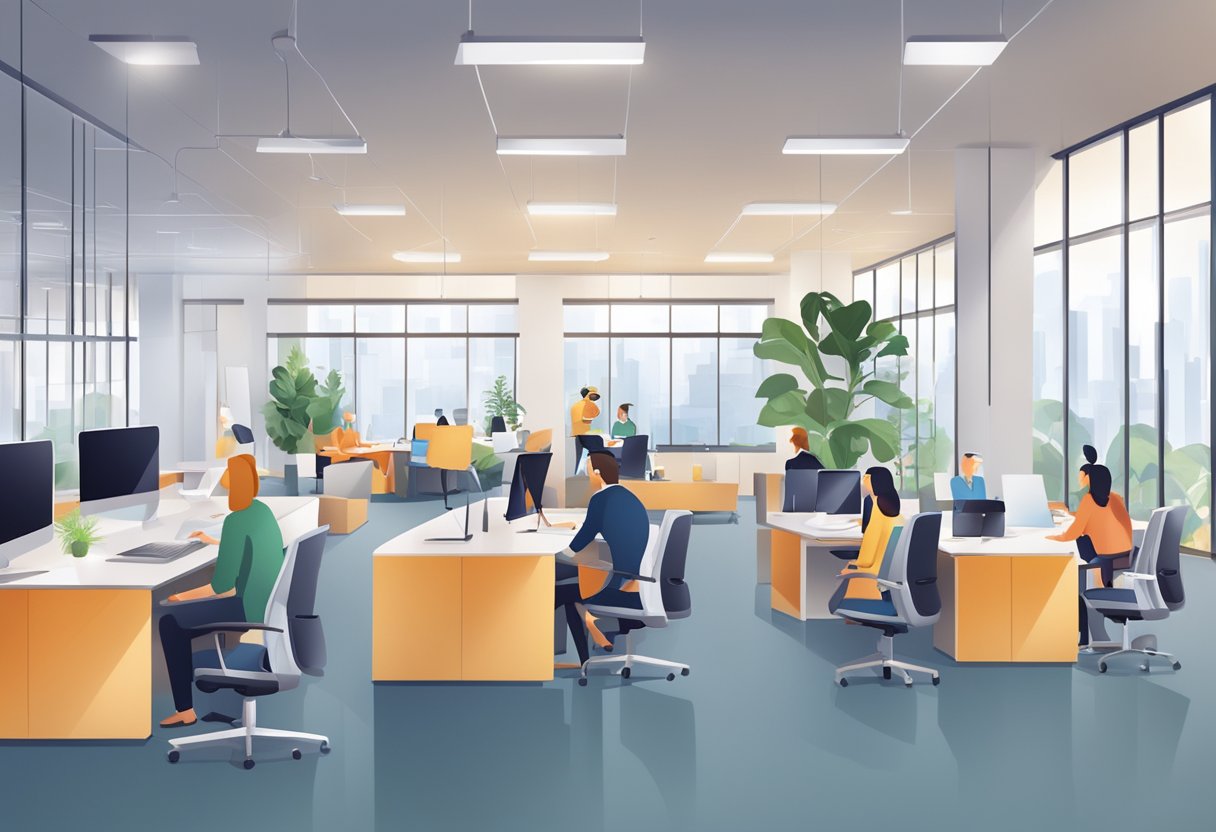 A bustling office with modern decor, open workspaces, and collaborative meeting areas. Employees engage in teamwork and professional development